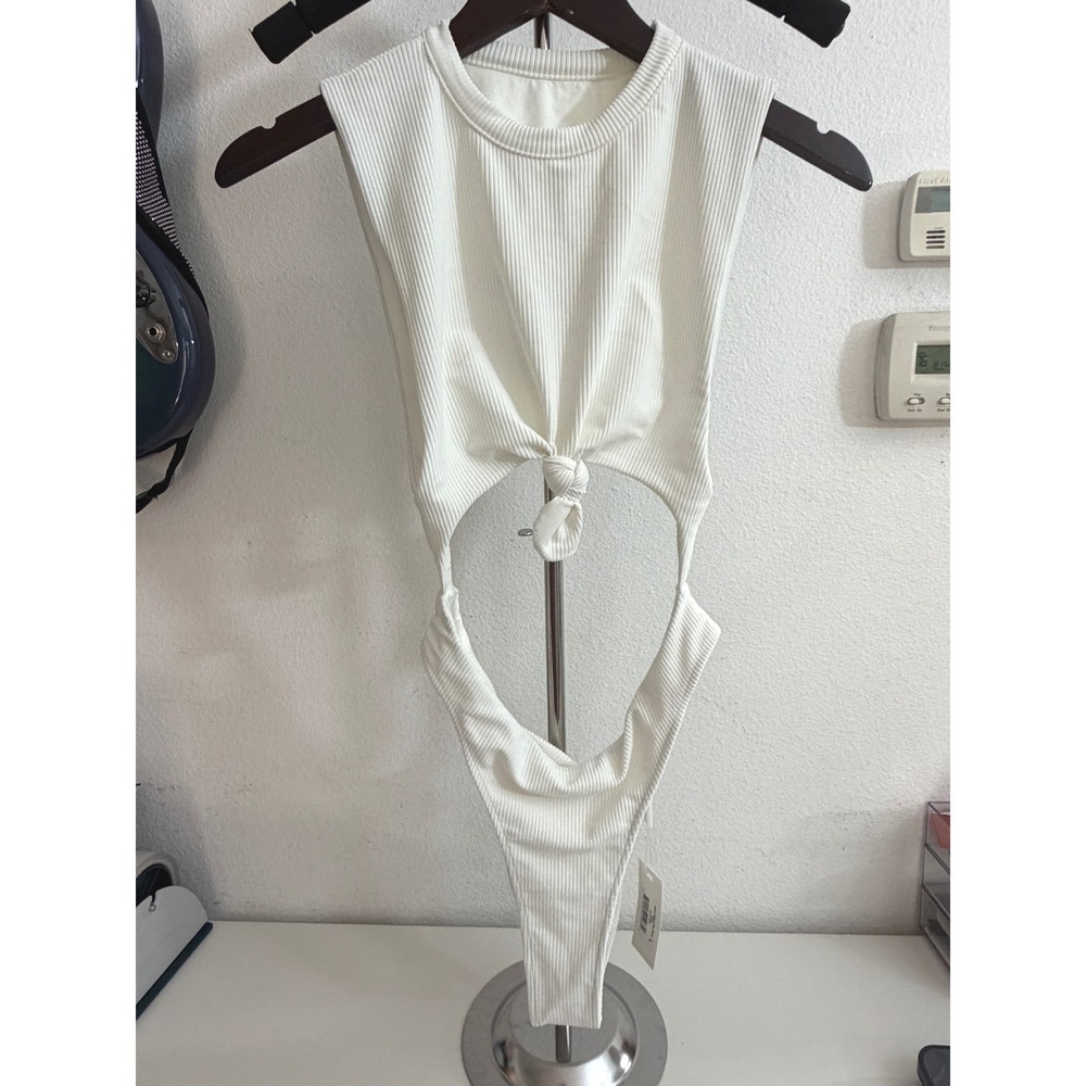 Frankies Bikinis Blake Ribbed One Piece Swimsuit White Cutout Bodysuit L